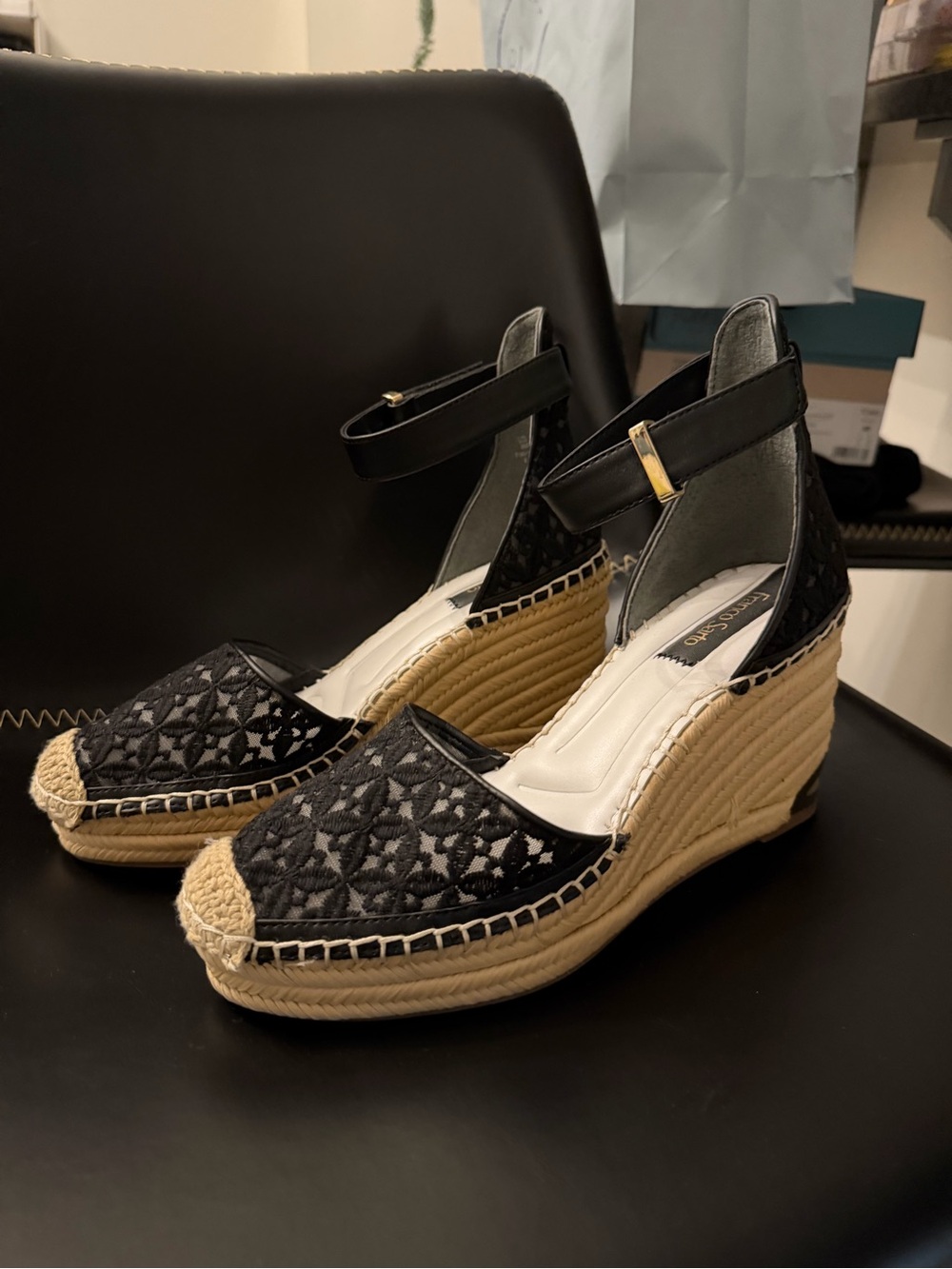 Franco Sarto Black Lace Espadrille Wedge Sandals with Tan Jute Wedge